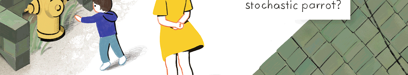 A child points at a fire hydrant.